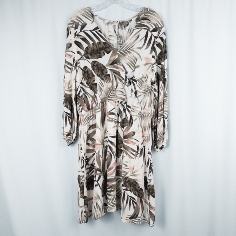 Old Navy Cross Front Crepe Long Sleeve Dress XL White Palm Print Tropical Resort